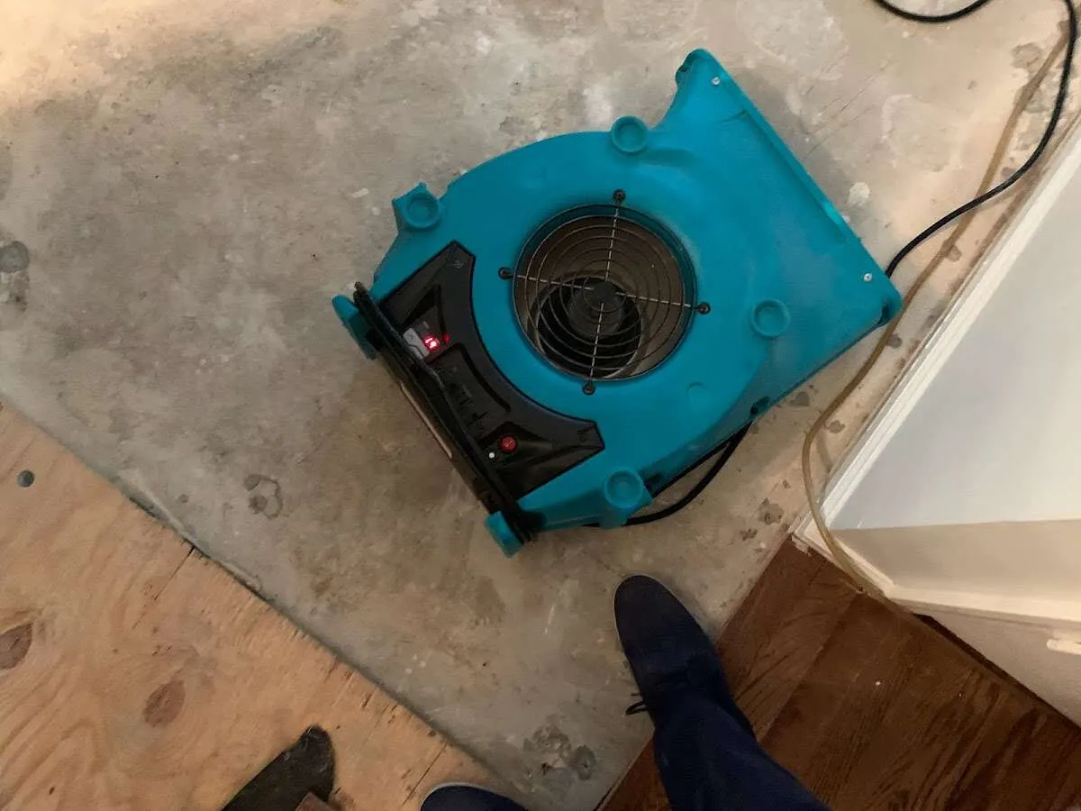 Air mover drying subfloor during Commercial Water Damage Restoration in Edgewater Park
